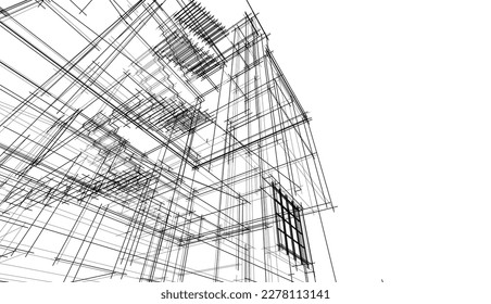 Linear architectural sketch of a building on white background, vector 3d illustration