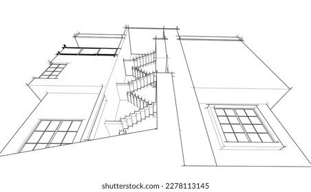 Linear architectural sketch of a building on white background, vector 3d illustration