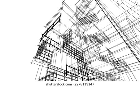 Linear architectural sketch of a building on white background, vector 3d illustration