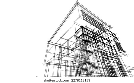 Linear architectural sketch of a building on white background, vector 3d illustration