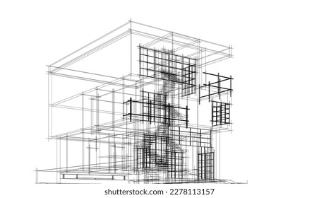 Esbozo arquitectónico lineal de un edificio sobre fondo blanco, ilustración vectorial 3d
