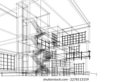 Linear architectural sketch of a building on white background, vector 3d illustration