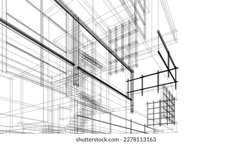 Linear architectural sketch of a building on white background, vector 3d illustration