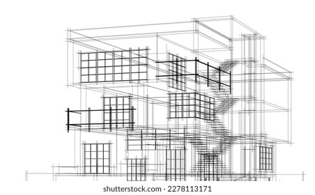 Linear architectural sketch of a building on white background, vector 3d illustration