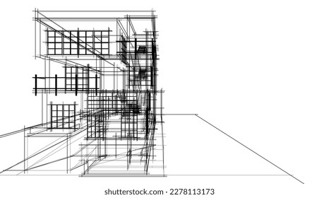 Linear architectural sketch of a building on white background, vector 3d illustration