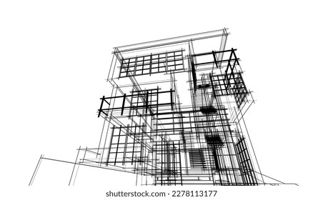 Linear architectural sketch of a building on white background, vector 3d illustration