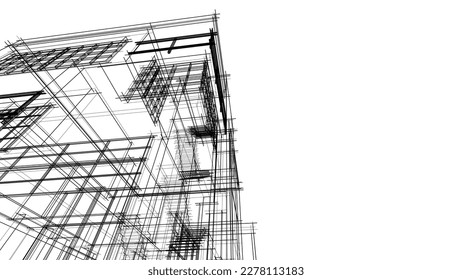 Linear architectural sketch of a building on white background, vector 3d illustration