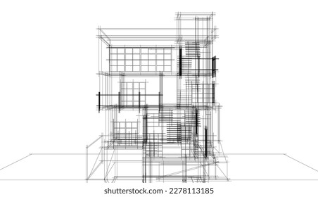 Linear architectural sketch of a building on white background, vector 3d illustration