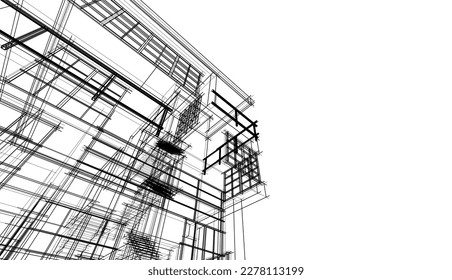Linear architectural sketch of a building on white background, vector 3d illustration