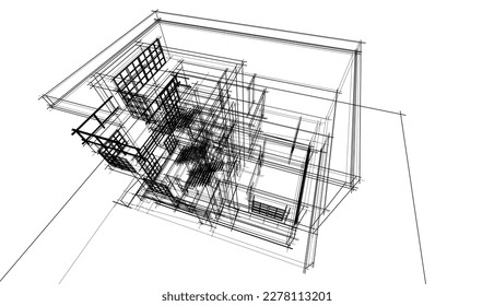 Esbozo arquitectónico lineal de un edificio sobre fondo blanco, ilustración vectorial 3d
