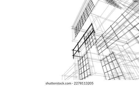 Linear architectural sketch of a building on white background, vector 3d illustration