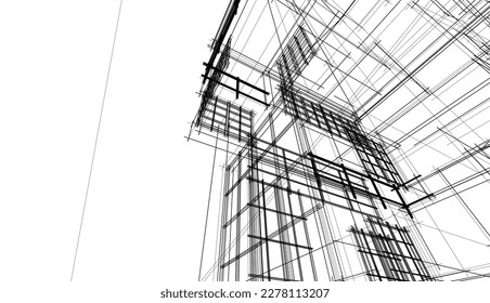 Linear architectural sketch of a building on white background, vector 3d illustration