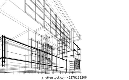 Linear architectural sketch of a building on white background, vector 3d illustration