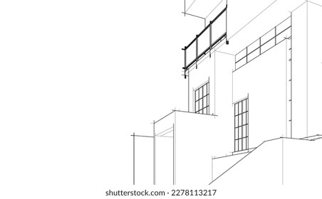 Linear architectural sketch of a building on white background, vector 3d illustration