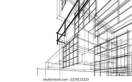 Linear architectural sketch of a building on white background, vector 3d illustration