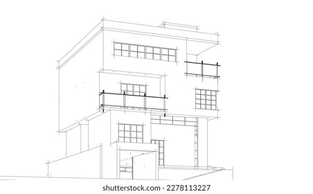 Linear architectural sketch of a building on white background, vector 3d illustration