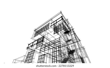 Esbozo arquitectónico lineal de un edificio sobre fondo blanco, ilustración vectorial 3d