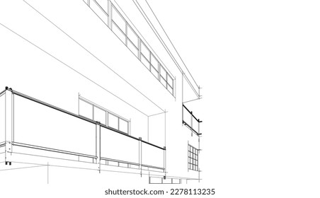 Linear architectural sketch of a building on white background, vector 3d illustration