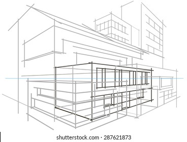 Linear architectural sketch concept abstract building light grey