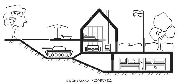 Linear architectural sketch cottage section with underground hidden tank in basement on white background
