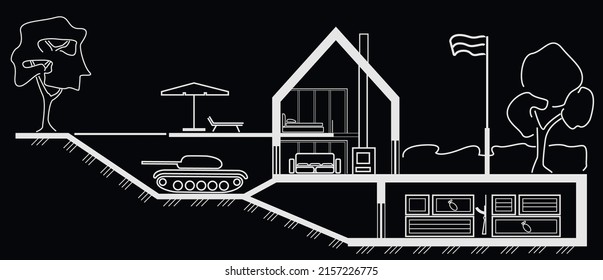 Linear architectural sketch cottage section with underground hidden tank in basement on black background