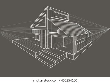 Linear architectural sketch detached house on gray background
