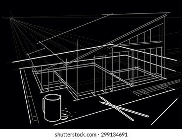 Linear architectural sketch. Architectural drawing on table with pencils and coffee cup on black background