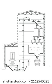 Linear architectural sketch factory section with elevator on white background