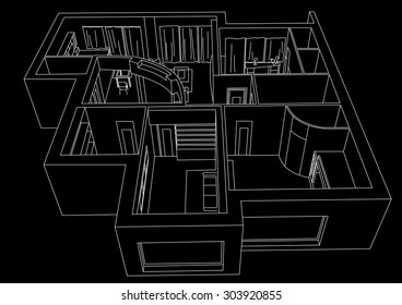 linear architectural sketch flat black background