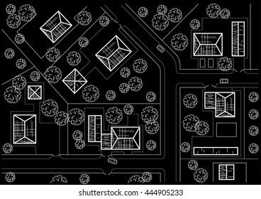 Linear architectural sketch general plan of village on black background