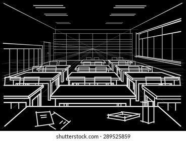 linear architectural sketch interior classroom on black background