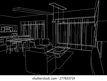 linear architectural sketch living-room black background