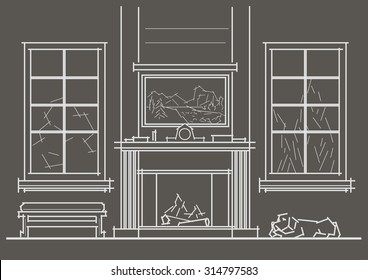 Linear architectural sketch living-room interior with chimney front view on gray background
