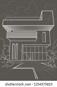 Linear architectural sketch modern cottage on gray background