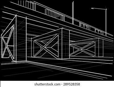 Linear architectural sketch overhead road on black background