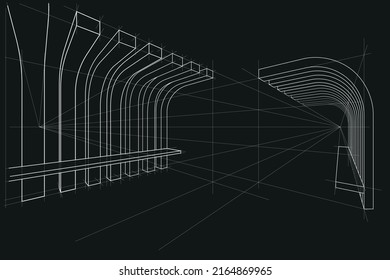 Linear architectural sketch pergola with bench perspective on black background