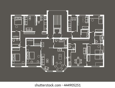 linear architectural sketch plan of apartment section on gray background