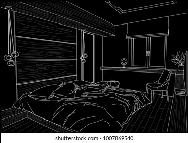 linear architectural sketch plan of stylish bedroom on black background