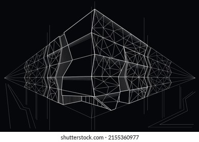 Linear architectural sketch public building perspective on black background