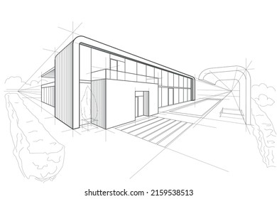 Linear architectural sketch residental building - cottage perspective on white background