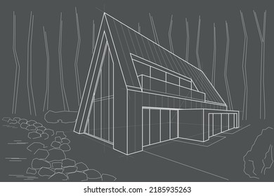 Residenalgebäude mit Lineararchitektur - Skandinavisches Waldhaus nahe Seeblick auf grauem Hintergrund