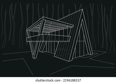 Linear architectural sketch residental building - scandinavian style forest cottage perspective on black background