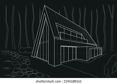 Linear architectural sketch residental building - scandinavian style forest cottage near lake perspective on black background