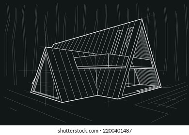 Linear architectural sketch residental building - triangle forest cottage on black background