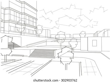 Linear architectural sketch residential quarter