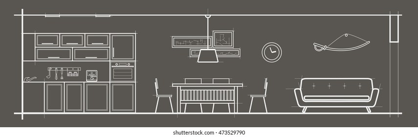linear architectural sketch studio front view gray background