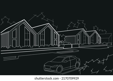 Linear architectural sketch town street with blocked houses on black background