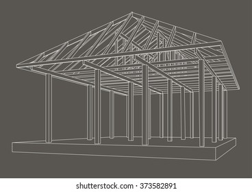 Linear architectural sketch wood frame perspective on gray background