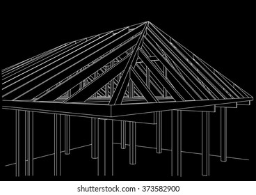 Linear architectural sketch wood frame house on black background