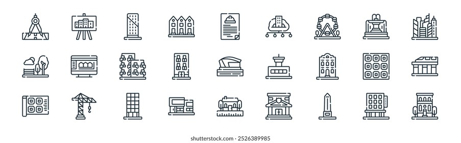 arquitetura linear e pacote de ícones da cidade. vetor linha fina hotel, cidade, edifício, fonte, edifício, trem, casa, construção ícones adequados para aplicativos e sites